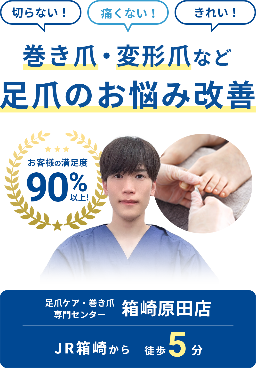 お客様の満足度90%以上！ 切らない！痛くない！きれい！巻き爪・変形爪など足爪のお悩み改善　足爪ケア・巻き爪専門センター箱崎原田店 JR箱崎から徒歩5分